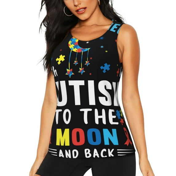 Haiem I Love With Autism To The Moon And Back Printed Women's Workout Tank Top, Quick-Dry Sleeveless Gym Shirt, Breathable Lightweight Athletic Top for Running, Yoga, and Casual Wear-Medium