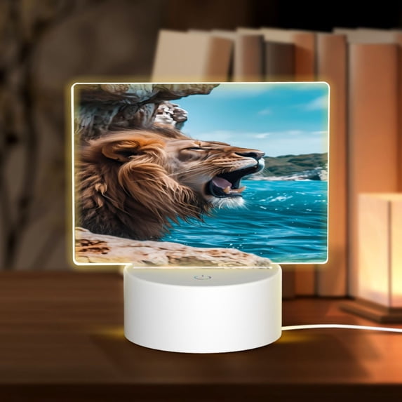 Haiem Ice Blue Coastal Lion Pattern Acrylic Night Light Gift with 3 Color ModesTouch-Sensitive LED Lamp Perfect Gift for Mother's Day, Birthday, or Christmas