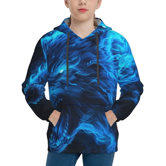 Haiem Ice Blue Fire Wolf Pattern Boys Hoodie, Youth Pullover Hooded Sweatshirt, Kangaroo Pocket Hoodie for Kids Girls -Medium