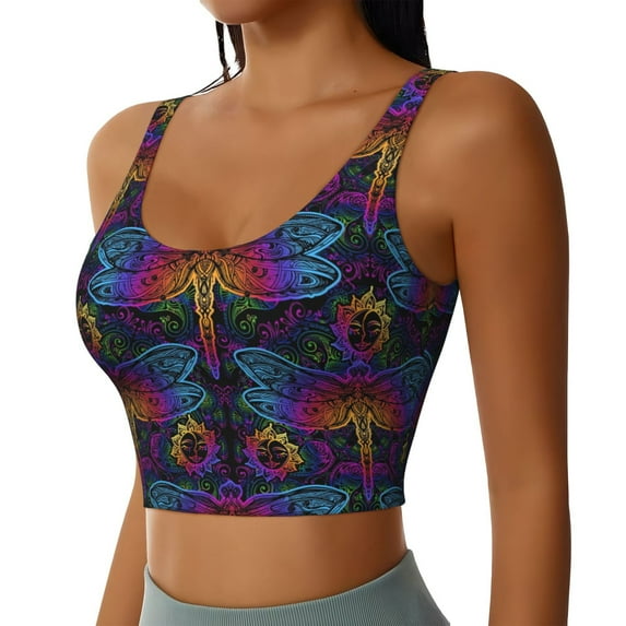 Haiem Indian Mandalas Dragonfly Pattern Womens Sports Bra - U Neck Padded Low Impact Yoga Bra Workout Crop Top Gym Moisture-Wicking Workout Vest -X-Large