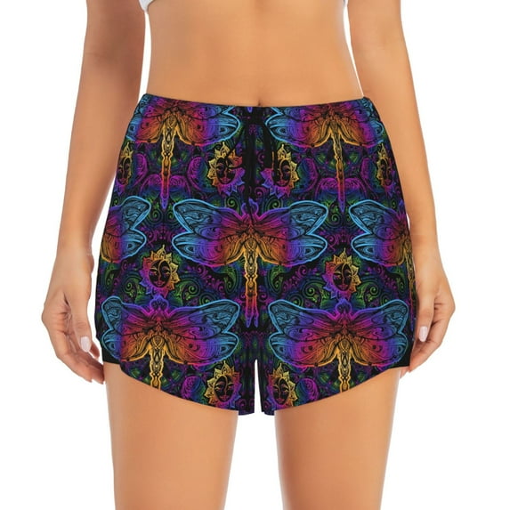 Haiem Indian Mandalas Dragonfly Women's 2 in 1 Running Shorts - Lightweight Athletic Workout Gym Yoga Breathable Sports Shorts Liner with Phone Pockets-Large