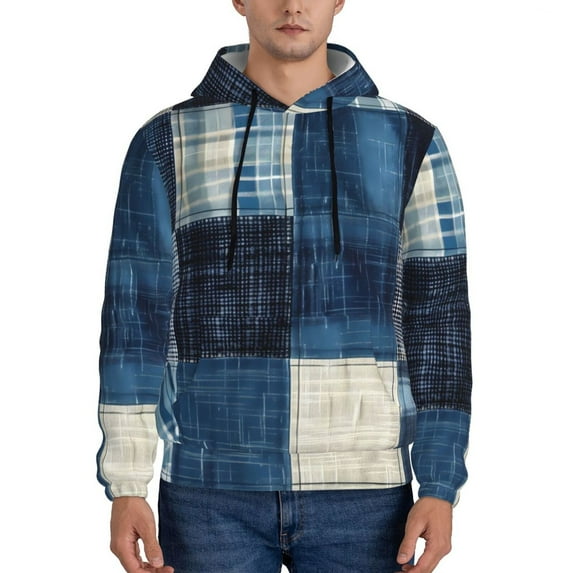 Haiem Indigo Patchwork Quilt Patterned Men's Hoodie with Kangaroo Pocket - Ideal Pullover Sweatshirt for Daily Wear, Travel, and Home-3X-Large