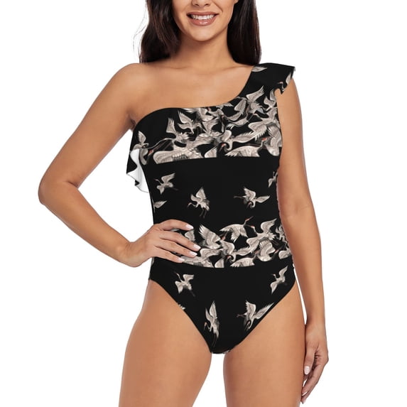 Haiem Japanese White Crane Women's One Piece Swimsuits Tummy Control One Shoulder Bathing Suits Ruffle Swimwear-Small