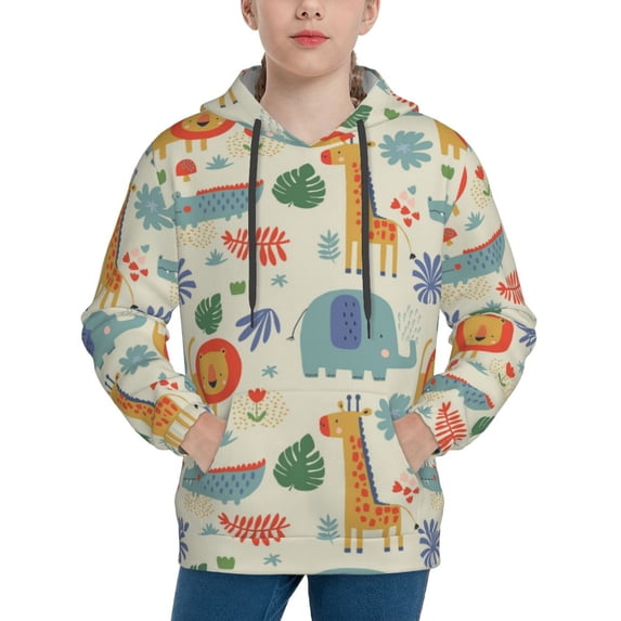 Haiem Jungle Animals Pattern Boys Hoodie, Youth Pullover Hooded Sweatshirt, Kangaroo Pocket Hoodie for Kids Girls -Medium