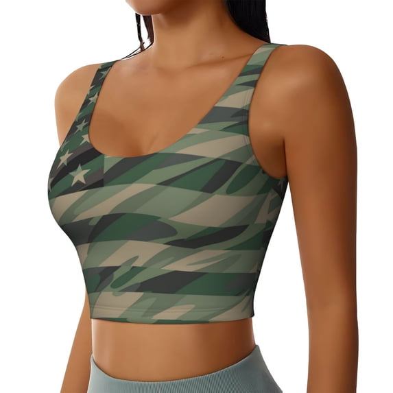 Haiem Jungle Green Camo USA Flag Pattern Womens Sports Bra - U Neck Padded Low Impact Yoga Bra Workout Crop Top Gym Moisture-Wicking Workout Vest -XX-Large