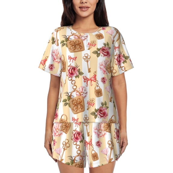 Haiem Key Lock And Flowers Pattern Pajama Set for Women 2 Piece Lounge Set Short Sleeve Tops and Shorts Soft Sleepwear-4X-Large