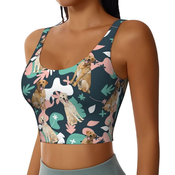 Haiem Labrador Retriever Dog Pattern Womens Sports Bra - U Neck Padded Low Impact Yoga Bra Workout Crop Top Gym Moisture-Wicking Workout Vest -