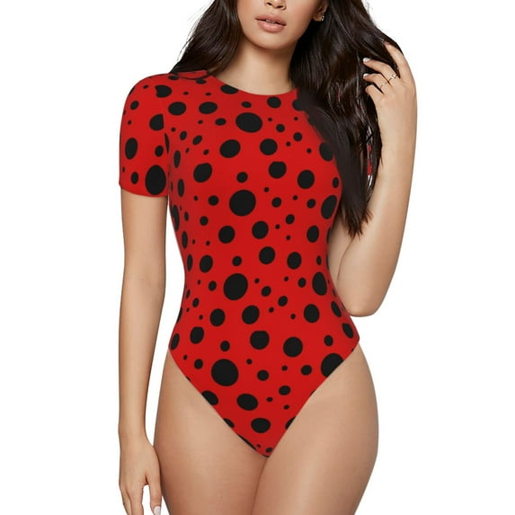 Haiem Ladybug Pattern Women's Crew Neck Short Sleeve Bodysuit Tops Stretchy Slim Basic-Large