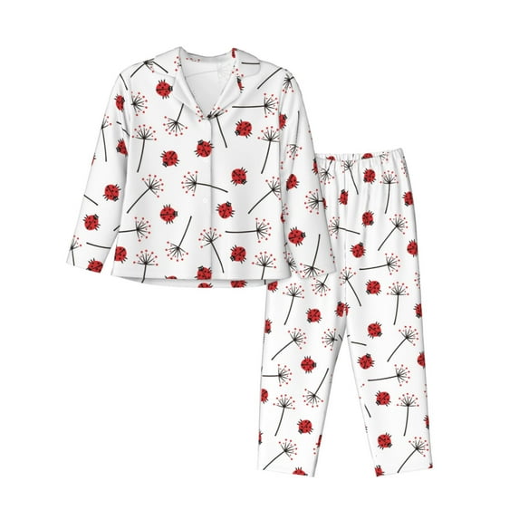 Haiem Ladybug With Dandelion Pattern Women’s Long-sleeve Sleepwear,Sleepwear Set,2-piece Loungewear Set,Soft PJs Comfy Nightwear with Pockets-Large