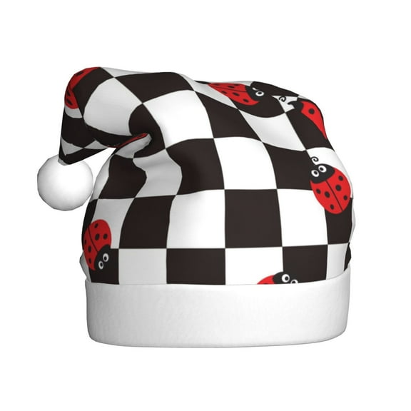 Haiem Ladybugs Of Black And White Checkers Pattern Santa Hat Confortable Velvet Christmas Hat for Christmas Party Favors Fit for Adults Men Women