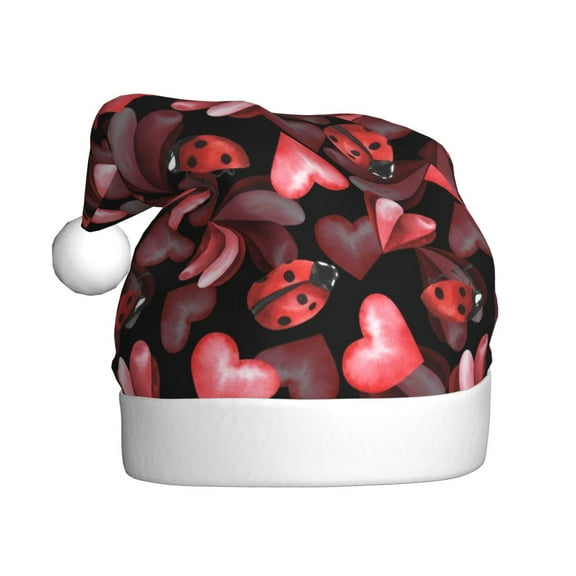 Haiem Ladybugs and Red Hearts Pattern Santa Hat Confortable Velvet Christmas Hat for Christmas Party Favors Fit for Adults Men Women