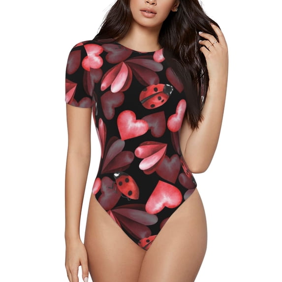 Haiem Ladybugs and Red Hearts Women's Crew Neck Short Sleeve Bodysuit Tops Stretchy Slim Basic-XX-Large