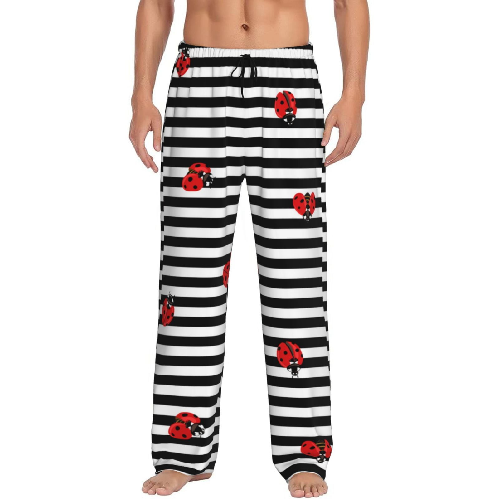Haiem Ladybugs on Black and White Striped Men's Pajama Pants Ultra