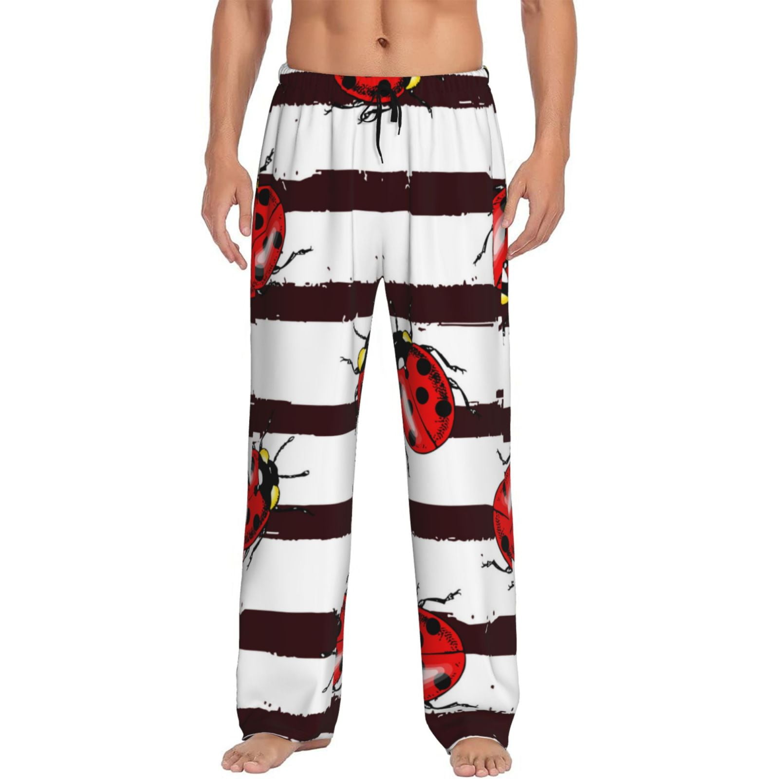 Haiem Ladybugs on Black and White Striped1 Men's Pajama Pants Ultra