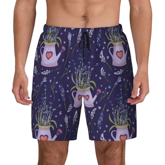 Haiem Lavender Flowers Mens Swim Trunks with Compression Liner 2 in 1 Swimming Shorts Stretch Swimwear Quick Dry,Board Shorts-Small