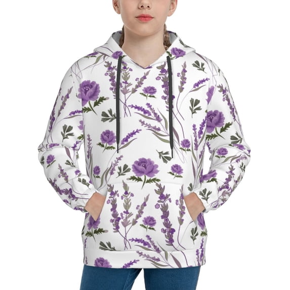 Haiem Lavender Flowers Pattern Boys Hoodie, Youth Pullover Hooded Sweatshirt, Kangaroo Pocket Hoodie for Kids Girls -Large