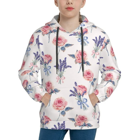 Haiem Lavender Flowers Pattern Boys Hoodie, Youth Pullover Hooded Sweatshirt, Kangaroo Pocket Hoodie for Kids Girls -X-Large