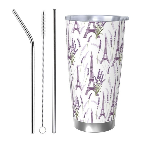 Haiem Lavender Flowers Printed 20oz Straight Skinny Car Cups With Insulated Cup Sleeve Portable Handle, Sports Travel Coffee Mug, Stainless Steel, Insulated-Straw Three-piece Set