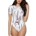 thumbnail image 1 of Haiem Lavender Flowers Women's Crew Neck Short Sleeve Bodysuit Tops Stretchy Slim Basic-Small, 1 of 9