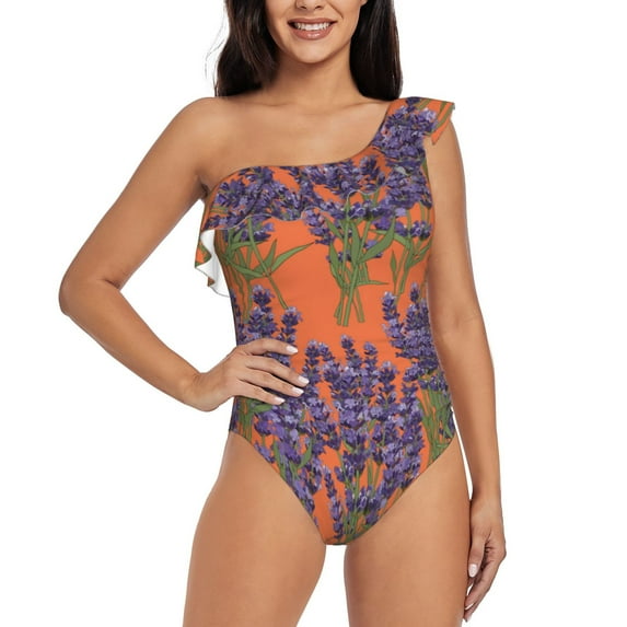 Haiem Lavender Flowers Women's One Piece Swimsuits Tummy Control One Shoulder Bathing Suits Ruffle Swimwear-Small