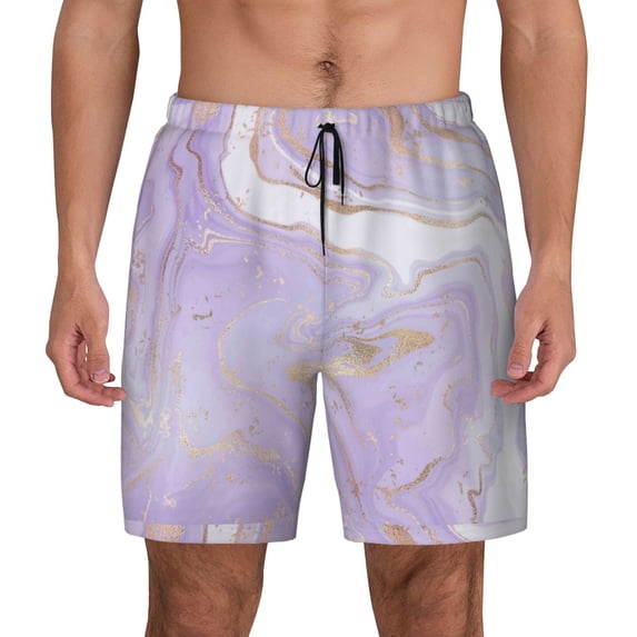 Haiem Lavender Glitter Foil Stripes Mens Swim Trunks with Compression Liner 2 in 1 Swimming Shorts Stretch Swimwear Quick Dry,Board Shorts-Small