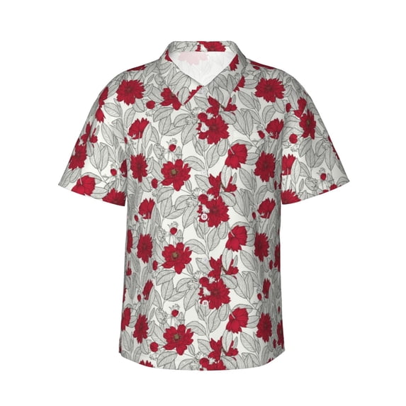 Haiem Leaves And Anemone Flowers In Red Grey Printed Hawaiian Shirt for Men - Men’s Casual Beach Summer Shirts - Stretch Fabric with Modern Fit-Medium