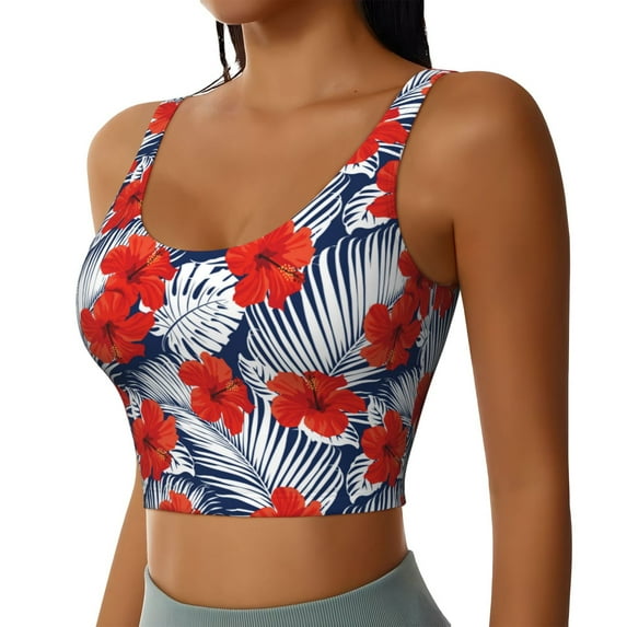 Haiem Leaves And Flowers Pattern Womens Sports Bra - U Neck Padded Low Impact Yoga Bra Workout Crop Top Gym Moisture-Wicking Workout Vest -XX-Large