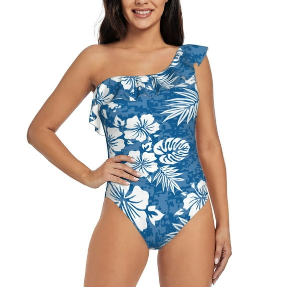 Haiem Leaves And Flowers Women's One Piece Swimsuits Tummy Control One Shoulder Bathing Suits Ruffle Swimwear-Small