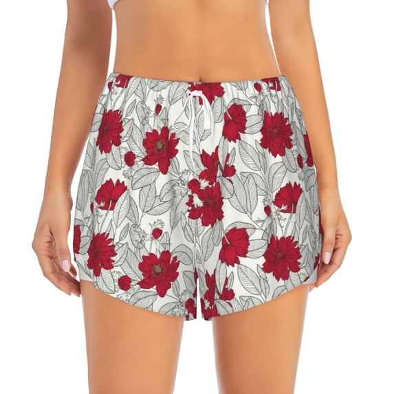 Haiem Leaves And Anemone Flowers In Red Grey Women's 2 in 1 Running Shorts - Lightweight Athletic Workout Gym Yoga Breathable Sports Shorts Liner with Phone Pockets-Large