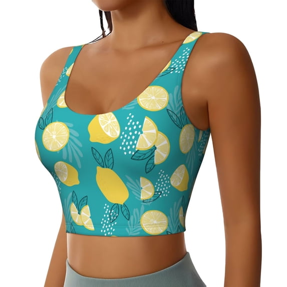Haiem Lemon Blue Pattern Womens Sports Bra - U Neck Padded Low Impact Yoga Bra Workout Crop Top Gym Moisture-Wicking Workout Vest -XX-Large