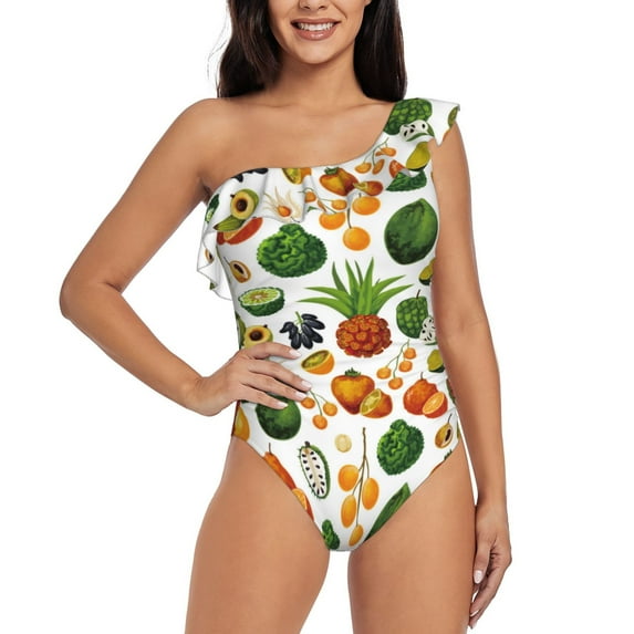 Haiem Lemon Fruits Vegetables Women's One Piece Swimsuits Tummy Control One Shoulder Bathing Suits Ruffle Swimwear-Medium