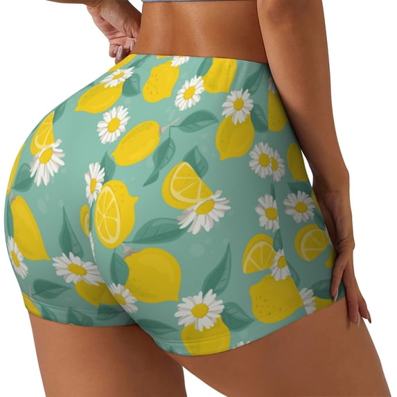 Haiem Lemons Chamomile Flowers And Leaves No Front Seam Biker Shorts for Women Yoga Workout Gym Bike Shorts with Tummy Control Moisture-Wicking-XX-Large