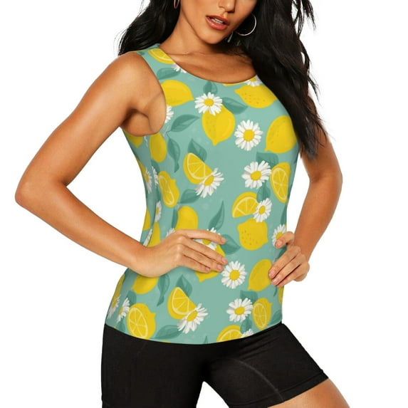 Haiem Lemons Chamomile Flowers And Leaves Workout Tank Tops for Women, Athletic Sports Slim-Fit Tank Tops, Compression Sleeveless Dry Fit Shirts,Athletic Shirt-XX-Large