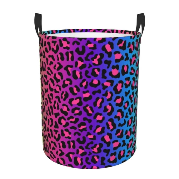 Haiem Leopard Neon Rainbow Gradient Leather Dirty Clothes Laundry Basket,Sturdy & Waterproof,Collapsible Round Design For Efficient Space Management,Multi-Purpose Storage Basket