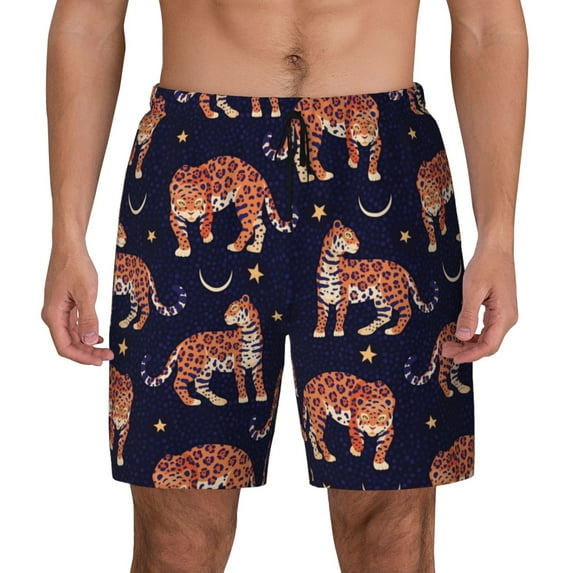 Haiem Leopard Print Mens Swim Trunks with Compression Liner 2 in 1 Swimming Shorts Stretch Swimwear Quick Dry,Board Shorts-Large