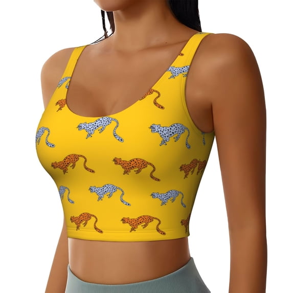 Haiem Leopard Print Pattern Womens Sports Bra - U Neck Padded Low Impact Yoga Bra Workout Crop Top Gym Moisture-Wicking Workout Vest -