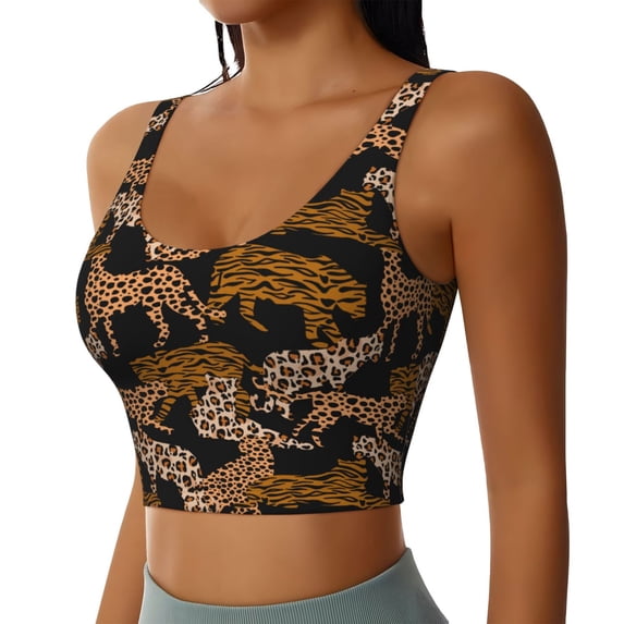 Haiem Leopard Print Pattern Womens Sports Bra - U Neck Padded Low Impact Yoga Bra Workout Crop Top Gym Moisture-Wicking Workout Vest -Small