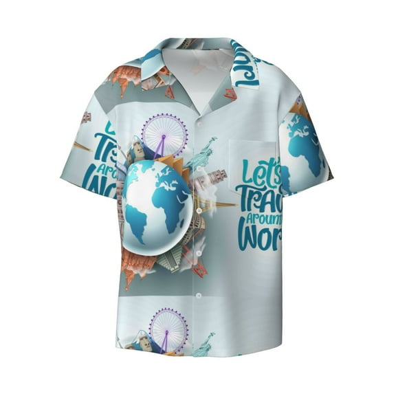 Haiem Let's go Travel Around the World Men's Casual Shirts Short Sleeve Button Down Shirts Fashion Textured Summer Beach Shirt-Small