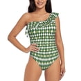 thumbnail image 1 of Haiem Light Green Squares Women's One Piece Swimsuits Tummy Control One Shoulder Bathing Suits Ruffle Swimwear-Small, 1 of 8