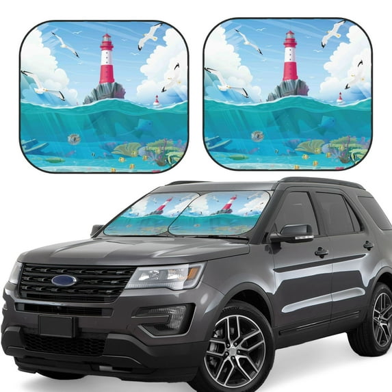 Haiem Lighthouse Sea Port Windshield Sun Shade: Universal Foldable 2-Piece Car Front Window Sunshade - Blocks Uv Rays, And Reduces Heat,Essential Car Accessory Small