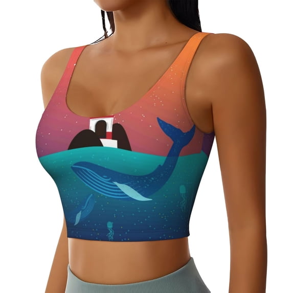 Haiem Lighthouse and Whale Pattern Womens Sports Bra - U Neck Padded Low Impact Yoga Bra Workout Crop Top Gym Moisture-Wicking Workout Vest -Small