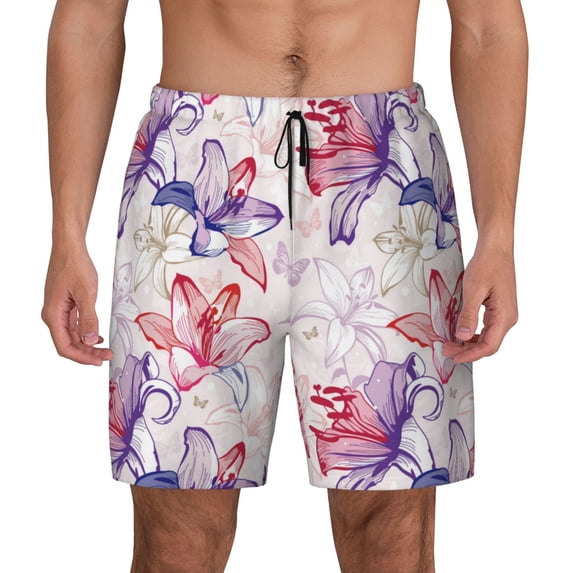 Haiem Lilies Flowers Mens Swim Trunks with Compression Liner 2 in 1 Swimming Shorts Stretch Swimwear Quick Dry,Board Shorts-Small