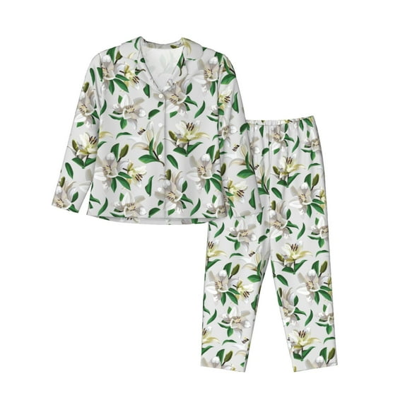Haiem Lilies Flowers Pattern Women’s Long-sleeve Sleepwear,Sleepwear Set,2-piece Loungewear Set,Soft PJs Comfy Nightwear with Pockets-Large