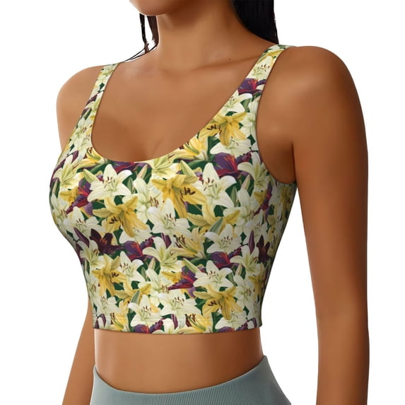 Haiem Lilies Flowers Pattern Womens Sports Bra - U Neck Padded Low Impact Yoga Bra Workout Crop Top Gym Moisture-Wicking Workout Vest -X-Large