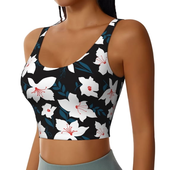 Haiem Lilies Flowers Pattern Womens Sports Bra - U Neck Padded Low Impact Yoga Bra Workout Crop Top Gym Moisture-Wicking Workout Vest -