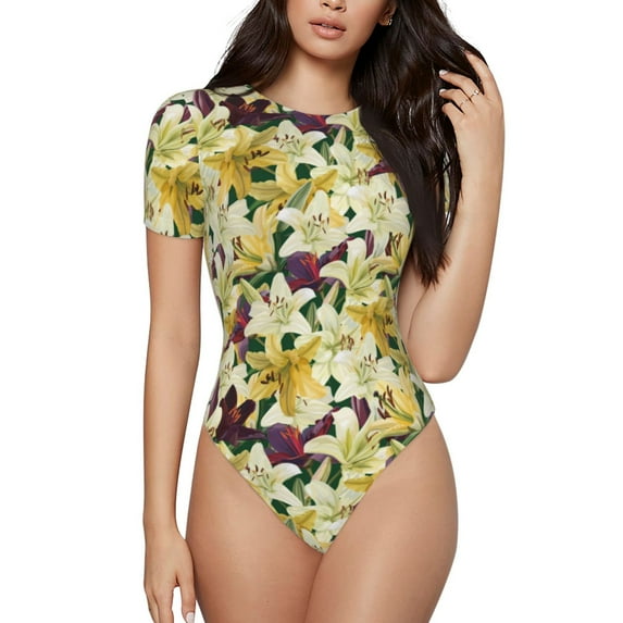 Haiem Lilies Flowers Women's Crew Neck Short Sleeve Bodysuit Tops Stretchy Slim Basic-Large