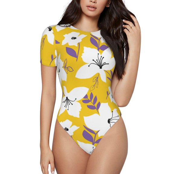 Haiem Lilies Flowers Women's Crew Neck Short Sleeve Bodysuit Tops Stretchy Slim Basic-Medium