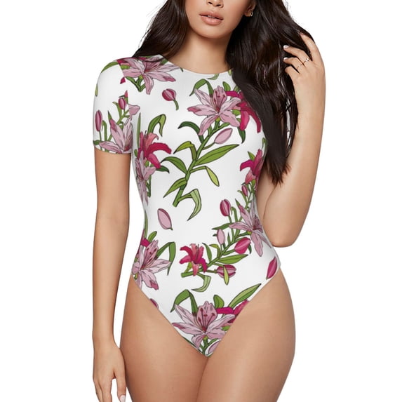 Haiem Lilies Flowers Women's Crew Neck Short Sleeve Bodysuit Tops Stretchy Slim Basic-X-Large