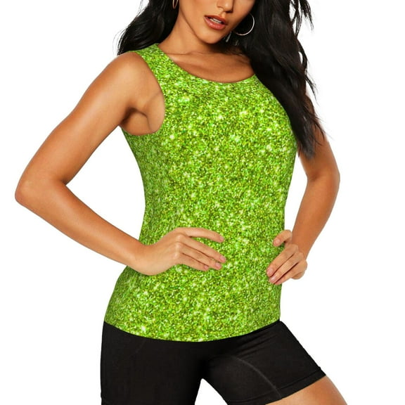 Haiem Lime green glitter Workout Tank Tops for Women, Athletic Sports Slim-Fit Tank Tops, Compression Sleeveless Dry Fit Shirts,Athletic Shirt-Small