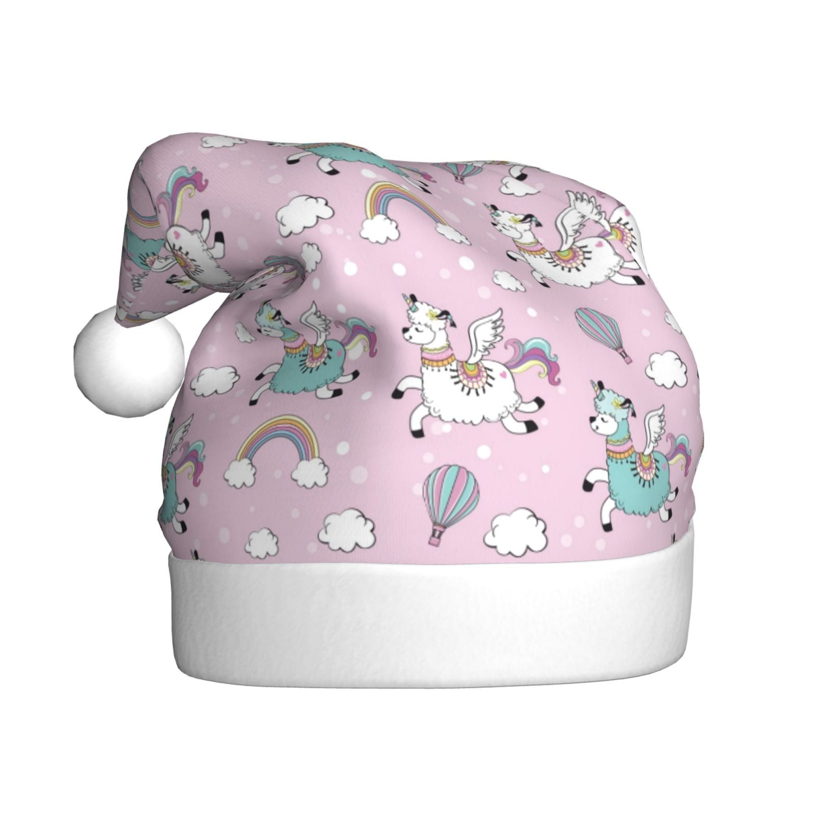 Haiem Llama Unicorn and Rainbow Pattern Santa Hat Confortable Velvet Christmas Hat for Christmas Party Favors Fit for Adults Men Women